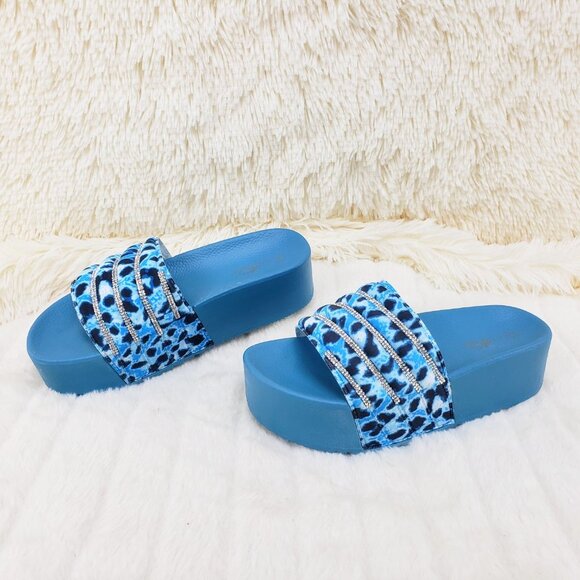 Beach Day Blue Leopard Slip on Platform Sandals Rhinestone Details - Picture 12 of 12